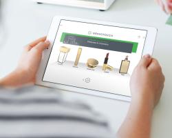 A tablet showing cosmetic engraving options for perfume and makeup items with Gravotouch software