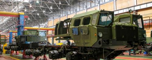 Military transport vehicle on production line
